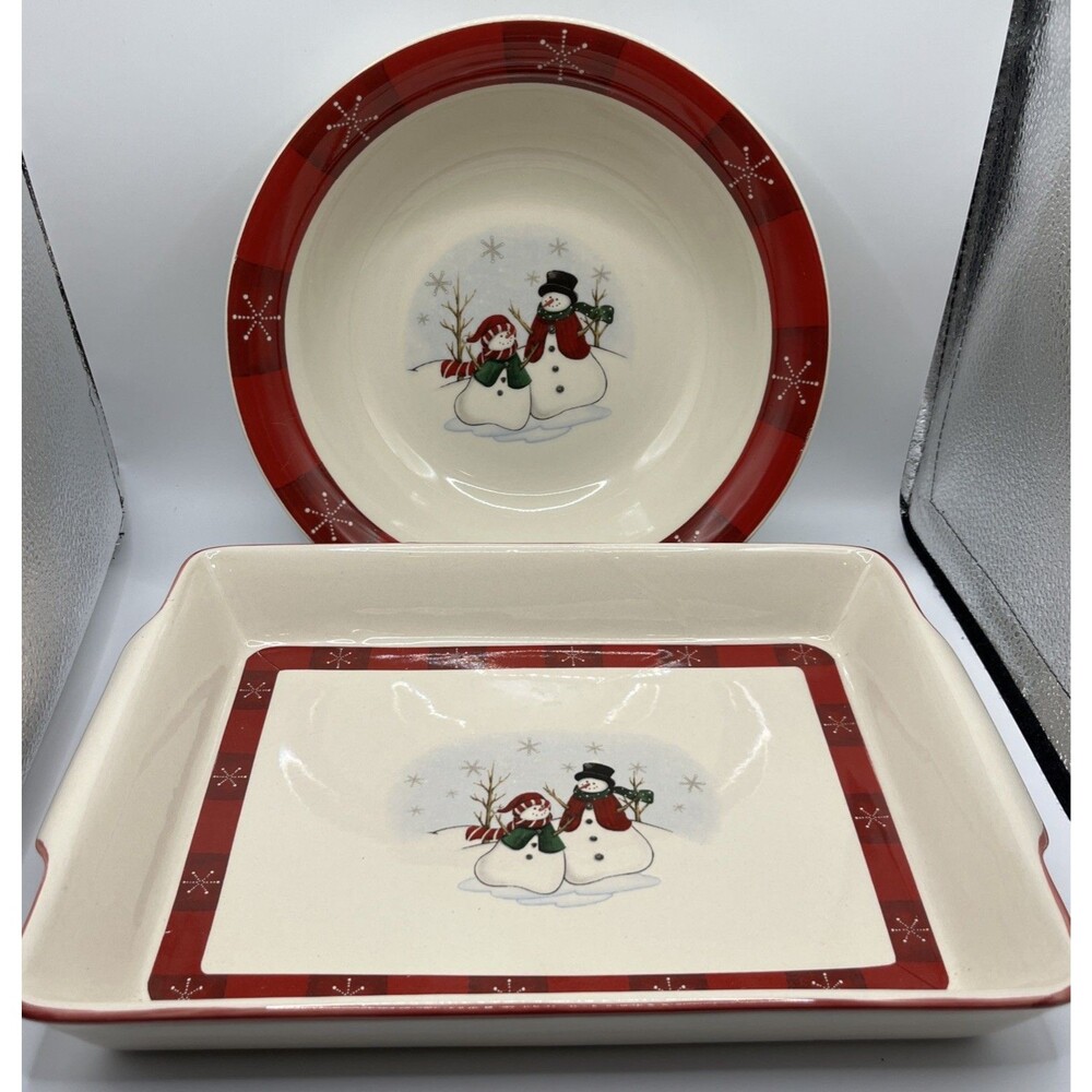 Royal Seasons Stoneware Serving Bowl 10x3” & Casserole Dish 12x9 Snowman